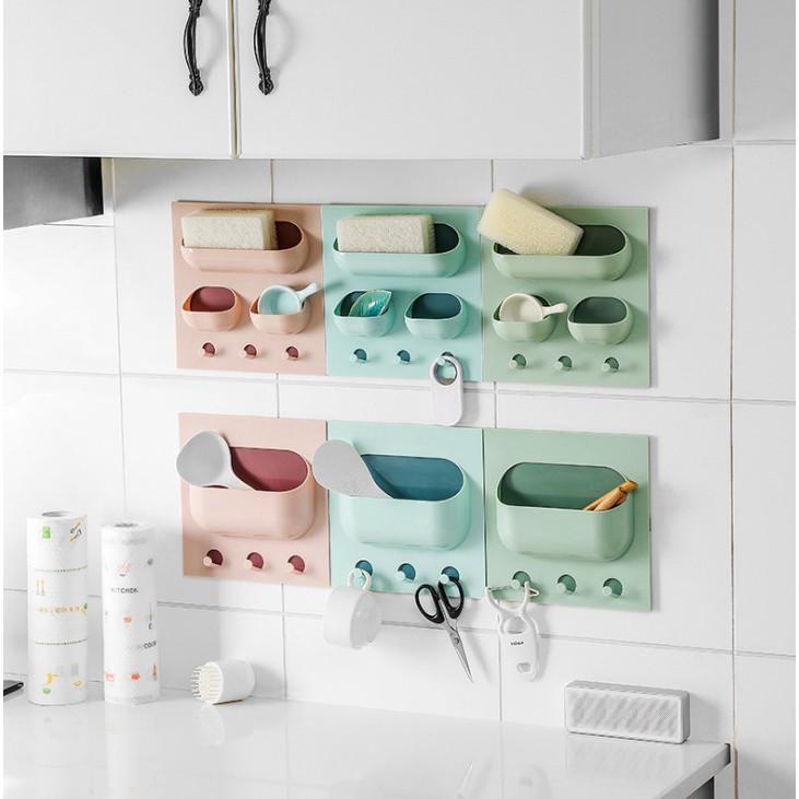 Kệ đựng dán tường tiện dụng 3 ô kèm móc treo