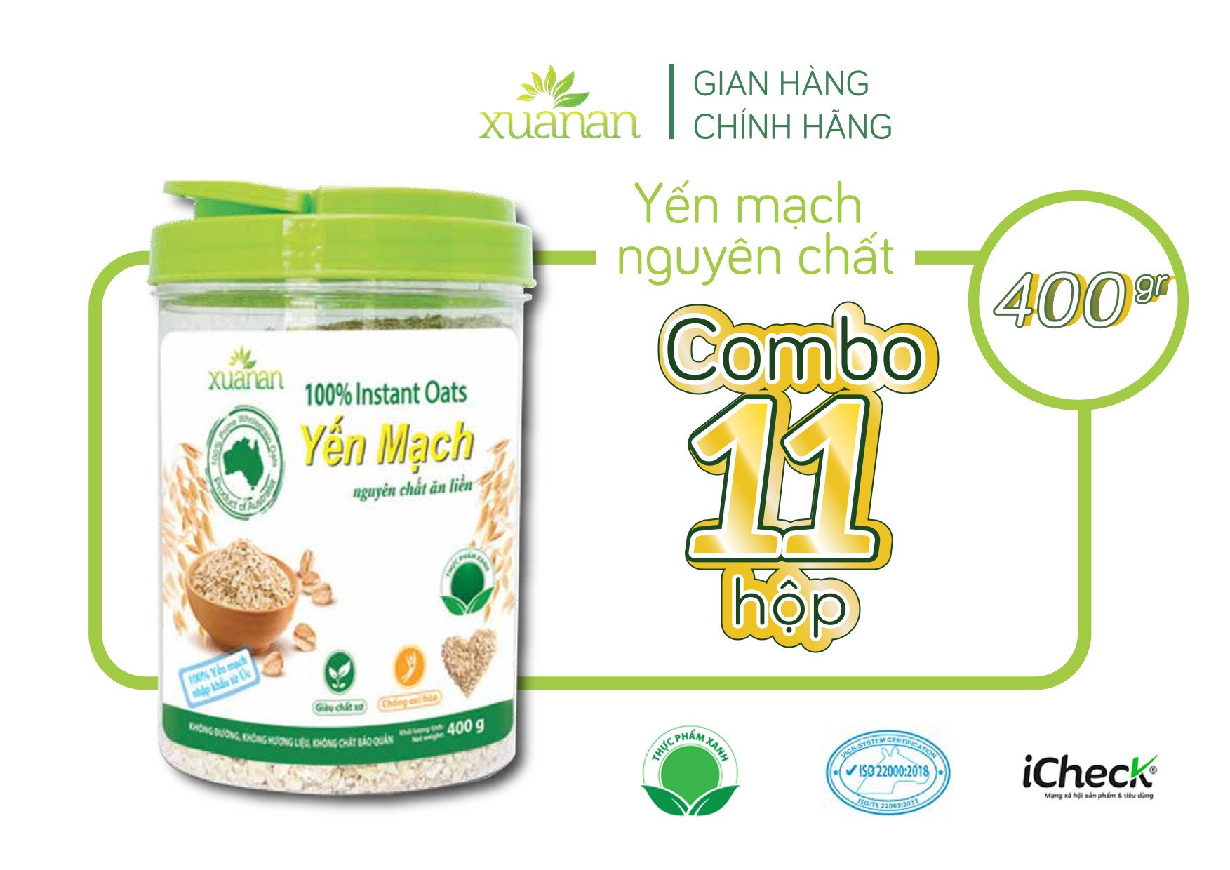 Combo 11 Hộp Yến Mạch Nguyên Chất Ăn Liền Xuân An [ko đường] Hộp 400G(Tặng Kèm 11 Túi Yến Mạch 150G)