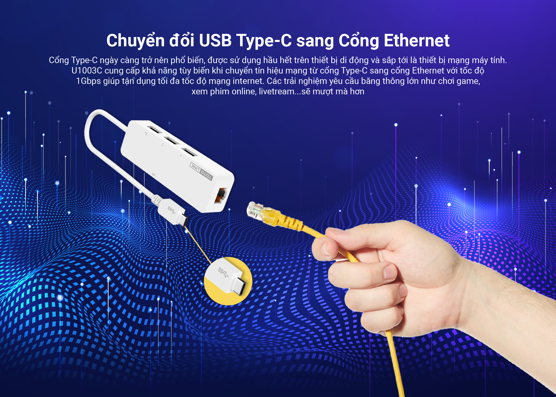 Bộ chuyển đổi USB Type-C sang Ethernet RJ45 Gigabit và 3 cổng USB 3.0-U1003C_HÀNG CHÍNH HÃNG