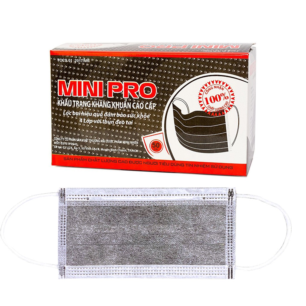 Khẩu Trang Kháng Khuẩn Mini Pro Xanh 4 Lớp 50 Cái - Màu Đen Xám