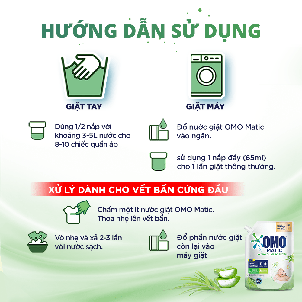 Túi Nước Giặt Omo Matic Cho Quần Áo Bé Yêu Chiết Xuất Tràm Trà Và Nha Đam Dịu Nhẹ, Sạch Khuẩn 3.6Kg