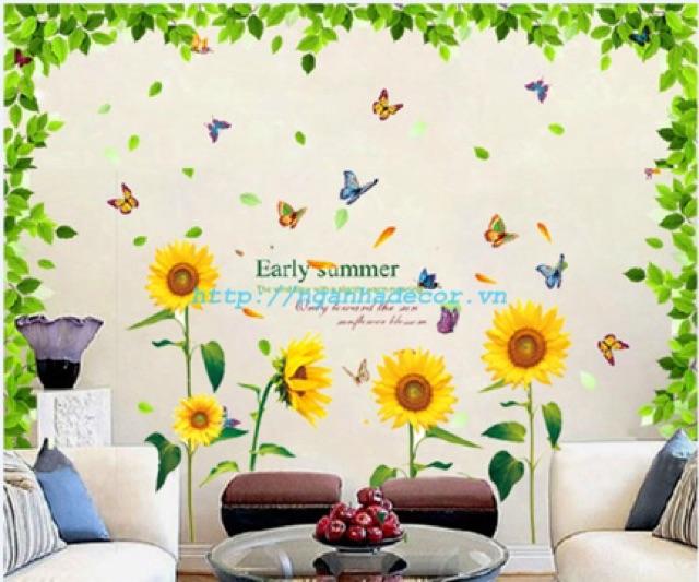 BỘ COMBO DECAL GHÉP ĐÔI dán tường - Trần nhà lá xanh và Hoa Hướng Dương