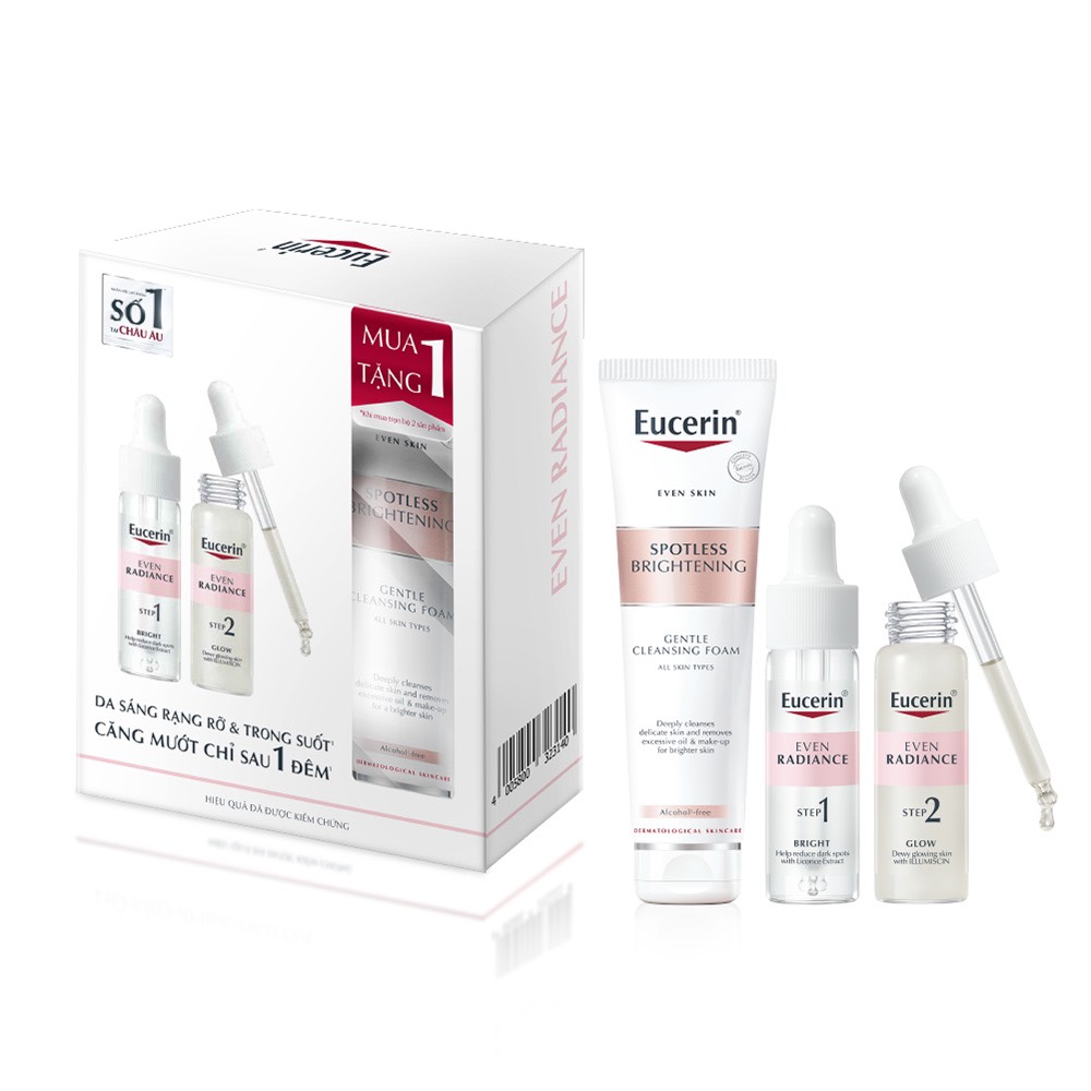 Combo Eucerin Tinh Chất Dưỡng Sáng Da Even Radiance Duo Ampoules Tặng Sữa Rửa Mặt Spotless Brightening Gentle Cleansing Foam 150g