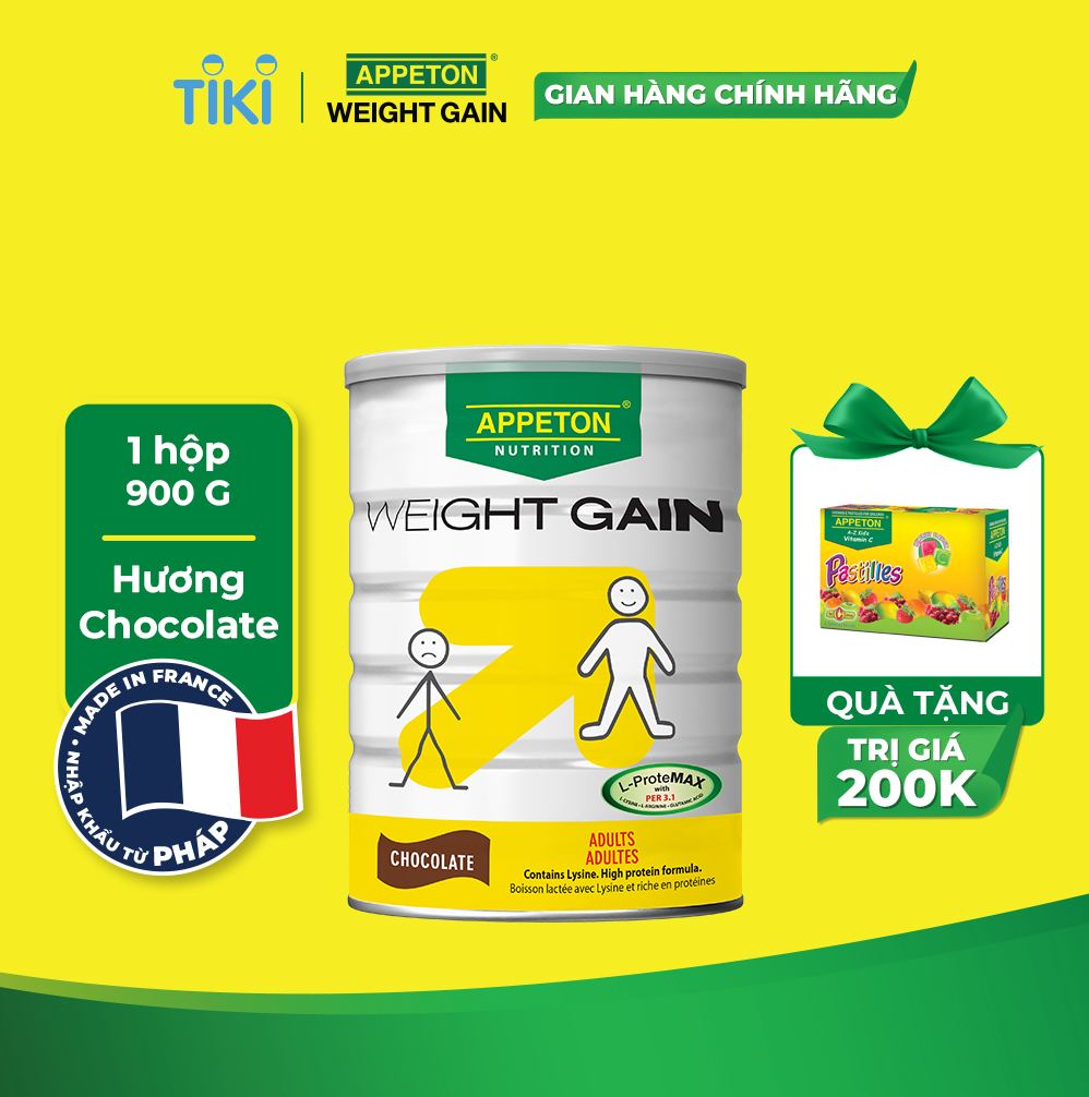 [Tặng 1 hộp kẹo VitaminC] Sữa Appeton Weight Gain cho Người lớn hương Chocolate lon 900g