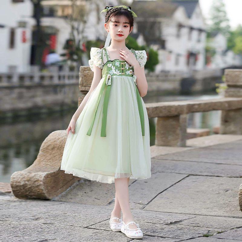 DONGSHOP HOT Trang phục mùa hè cổ điển của cô gái ăn mặc mùa hè 2023 váy trẻ em mùa hè cô gái lớn Đường ăn mặc mùa hè ngắn tay áo