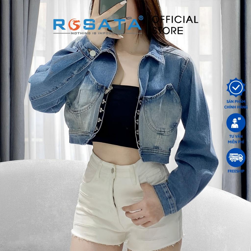 Áo khoác nữ ROSATA K17 croptop jeans túi hộp tay dài cao cấp Freesize khóa dây kéo thoáng mát xuất xứ Việt Nam