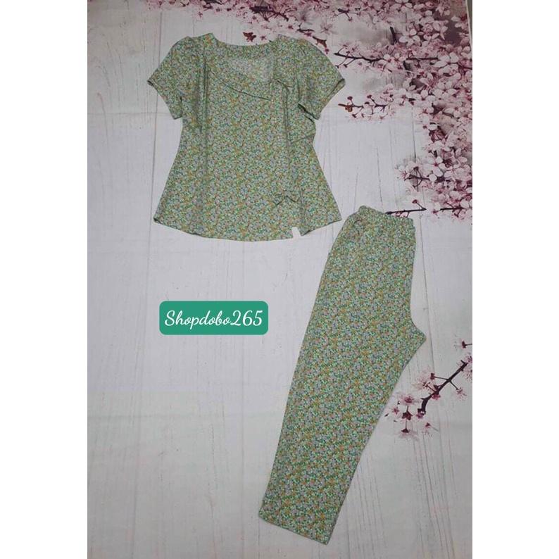 Đồ bộ nữ,đồ ngủ mặc nhà lửng 9 tấc vải lụa hoa nhí cổ lệch đính cườm dễ thương.