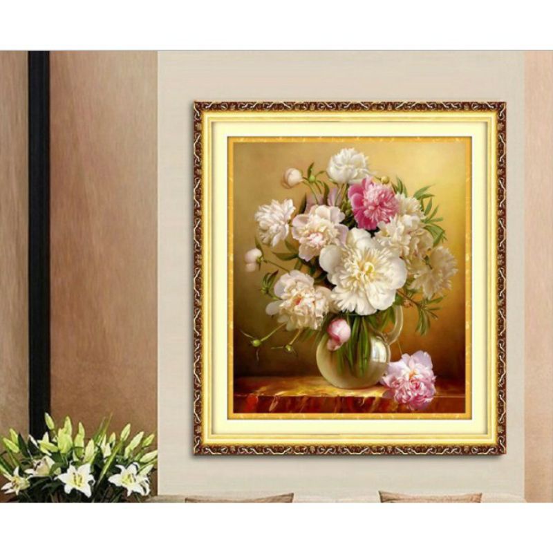 Tranh thêu chữ thập chỉ lụa Bình hoa đẹp 70x80cm