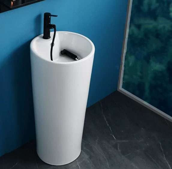 Lavabo trụ đứng màu trắng kiểu tròn, thiết kế thanh lịch, hiện đại