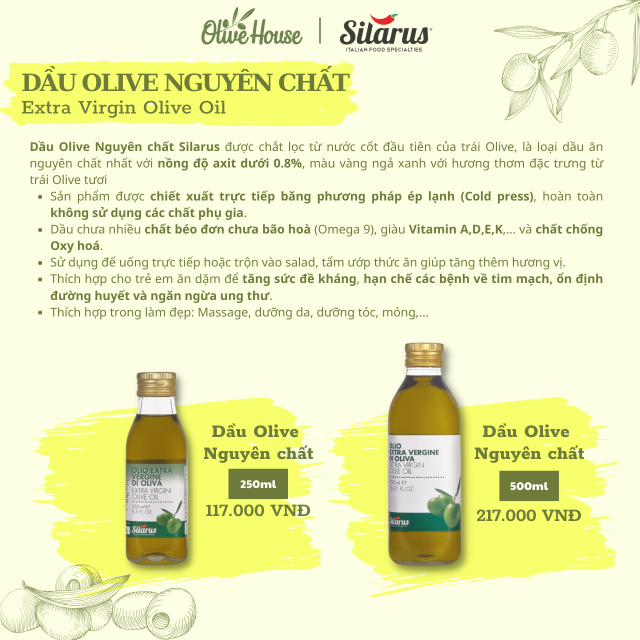 Dầu Olive Nguyên chất thương hiệu Silarus nhập khẩu từ Ý 250ml