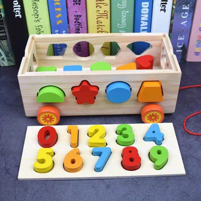 Xe Kéo Thả Hình Khối Đồ Chơi Gỗ Montessori ,Màu Sắc Đẹp,Luyện Kỹ Năng Tay và Học Màu Sắc,Hình Khối