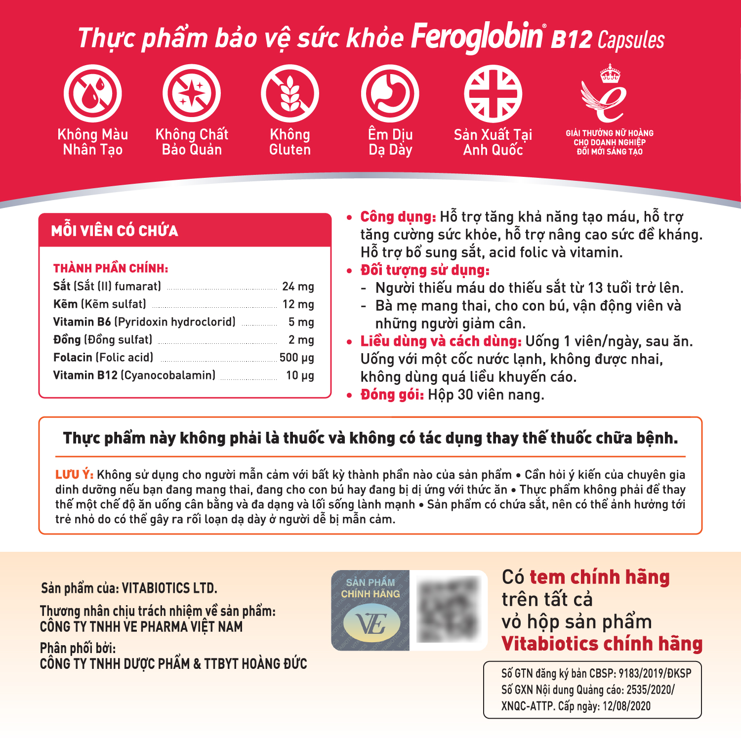 Combo 2 Hộp Viên Uống Bổ Máu Vitabiotics FEROGLOBIN B12 Cung Cấp Sắt Hỗ Trợ Tăng Khả Năng Tạo Máu Hộp 30 Viên