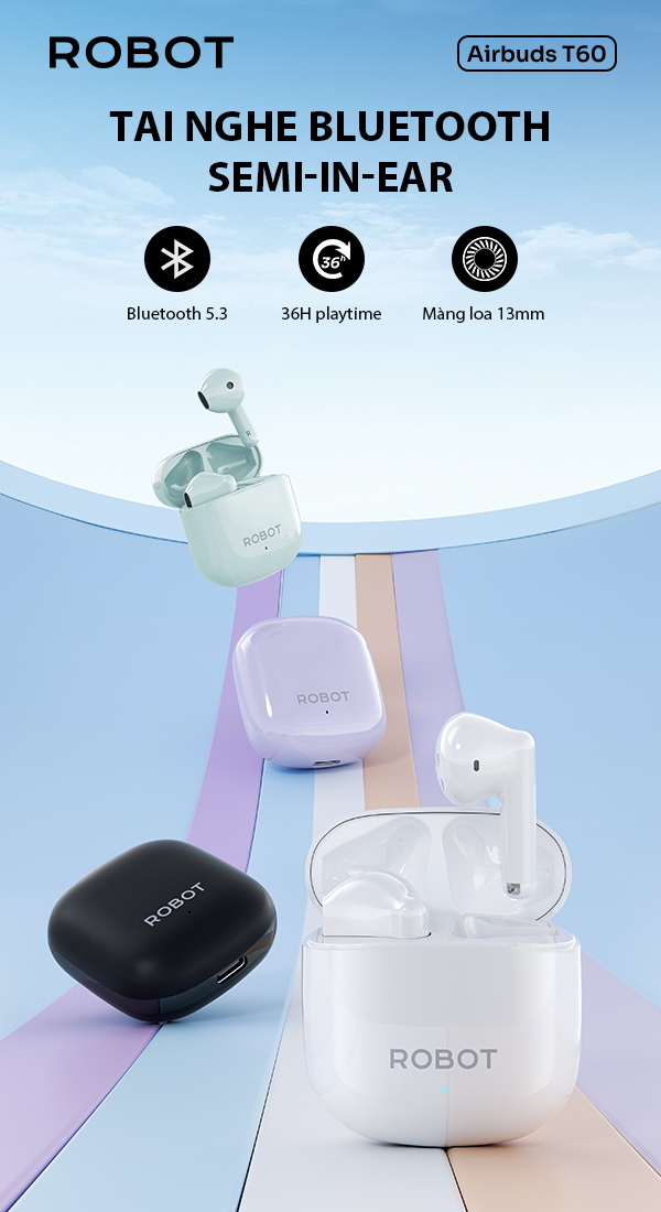 Tai nghe không dây ROBOT Airbuds T60 TWS Bluetooth 5.1 Chống nước IPX4 Cuộc Gọi HD Giảm tiếng ồn - HÀNG CHÍNH HÃNG