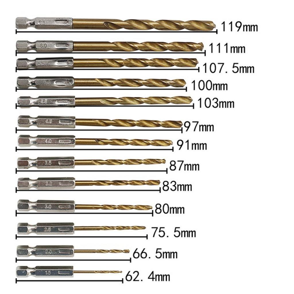 13 Set Twist Drill Bit Set Straight Shank HSS Titanium Drill Bits 1.5mm-6.5mm