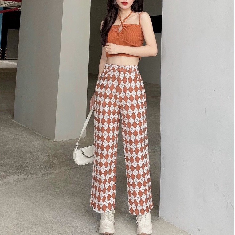 Quần suông dài sọc kẻ caro cam