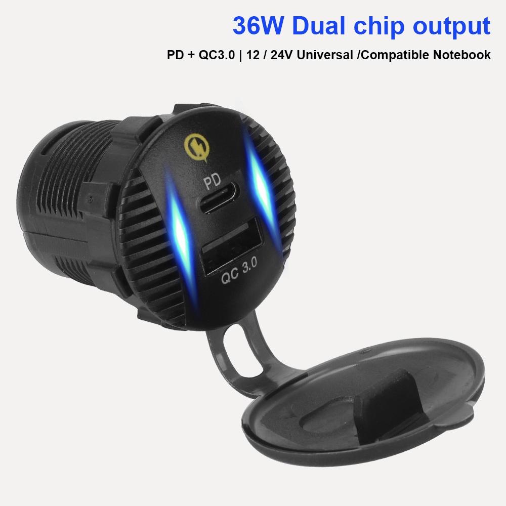 Cục sạc điện thoại cổng USB kép 3.0 36W 12-24V chống nước thông dụng cho xe hơi/xe máy/xe tải