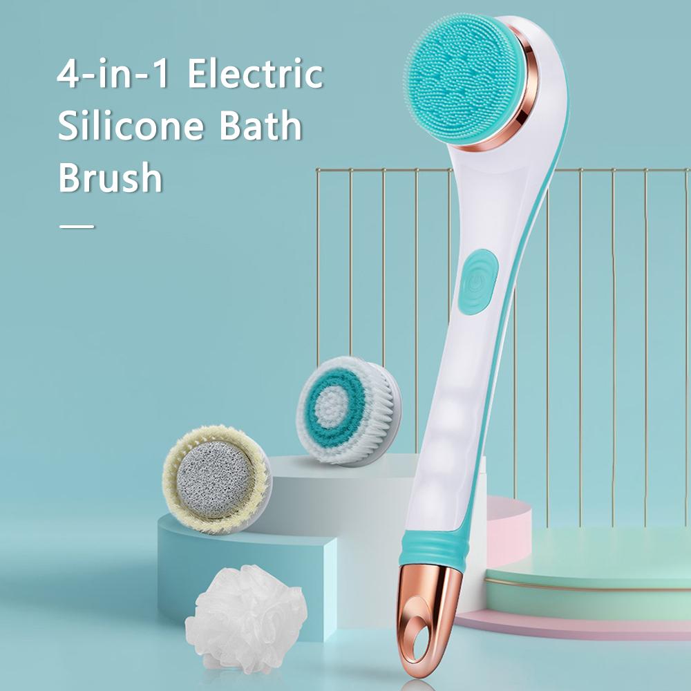 Bàn chải tắm cán dài bằng điện sạc USB với 4 đầu bàn chải bằng silicone, giúp mát xa, làm sạch toàn thân