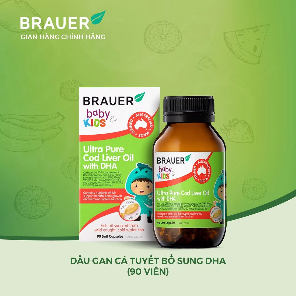 DHA Cho Bé Brauer Ultra Pure Cod Liver Oil NK Úc Giúp Phát Triển Não Bộ, Hỗ Trợ Khả Năng Tập Trung, Nhận Thức Và Ghi Nhớ, Cải Thiện Thị Lực, Chống Mỏi Mắt, Khô Mắt, Tăng Hệ Miễn Dịch – Chai 90 viên nang