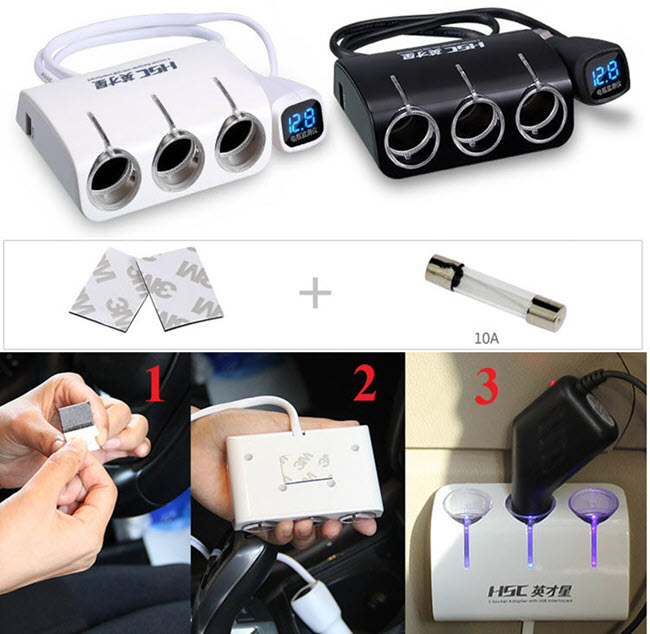 Chia tẩu Ô tô 3 cổng 120W có USB sạc và LED báo nguồn