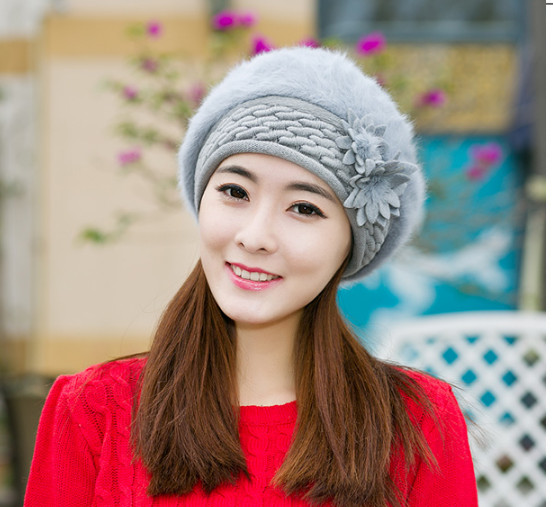 Mũ nồi beret len lông thỏ gắn hoa đôi thời trang nón bánh tiêu len cao cấp
