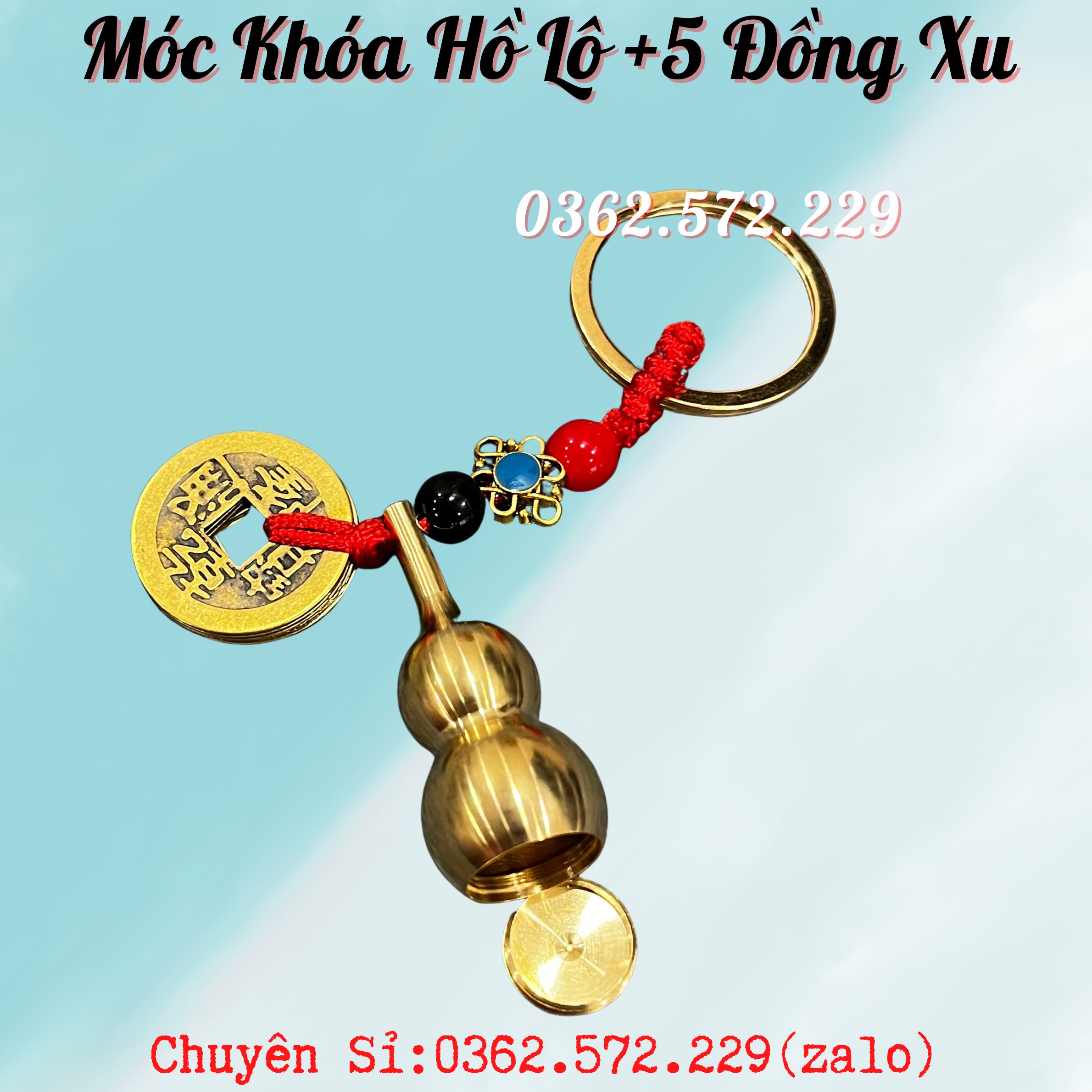 Móc khóa hồ lô đồng và 5 đồng xu phong thủy