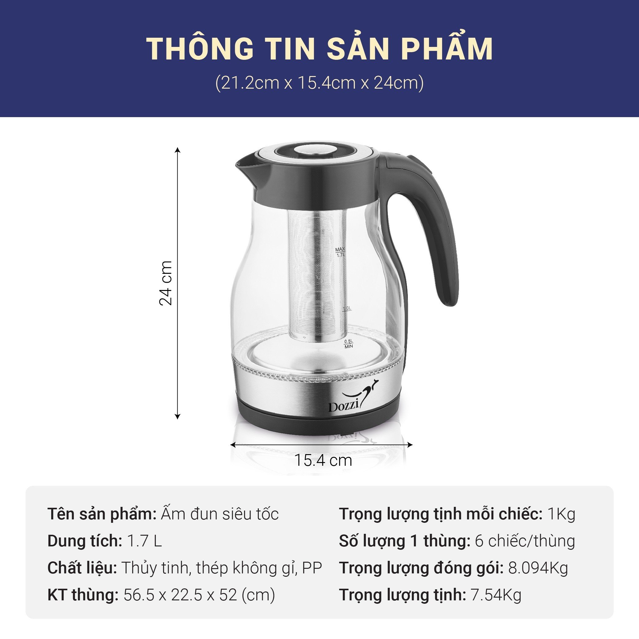 Ấm Siêu Tốc Thủy Tinh Cao Cấp Có Lọc Trà 1.7l DOZZI DZE199 - Thương Hiệu Úc, Hàng Chính Hãng