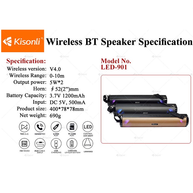 Loa Bluetooth Xách Tay Mini Kisonli LED 901 - HÀNG CHÍNH HÃNG