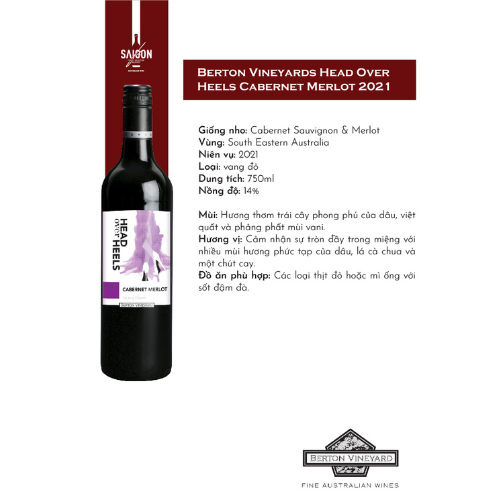 Rượu vang đỏ Berton Vineyards Head Over Heels Cabernet Merlot 750ml 14% Alc