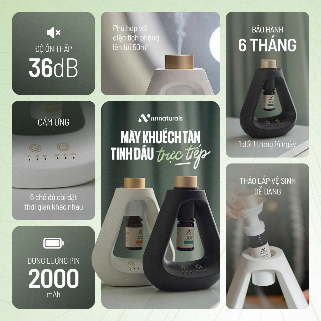 Máy xông tinh dầu &amp; Khuếch tán tinh dầu trực tiếp AN Naturals | Sử dụng không gian dưới 50m2