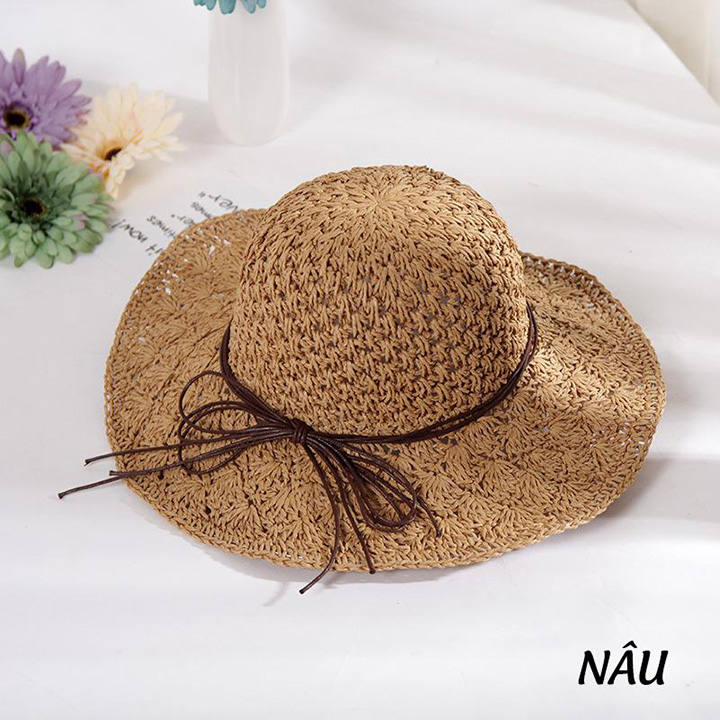 Mũ móc len chất liệu cói style Hàn Quốc thiết kế thanh lịch thích hợp cho phụ nữ khi đi biển, du lịch
