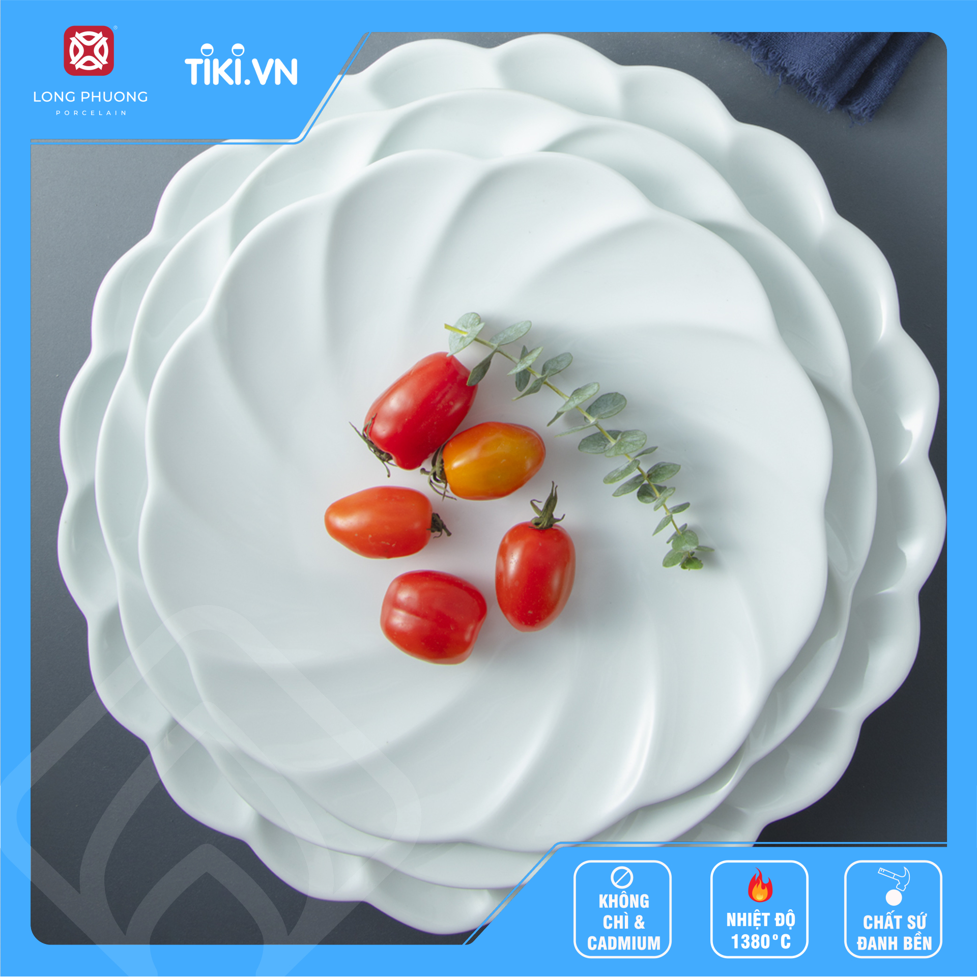Đĩa Xoắn Long Phương Bằng Sứ Trắng Cao Cấp Hoa Văn Nổi Hình Xoắn - 12 Inch