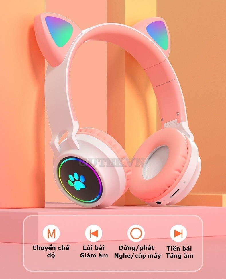 Tai nghe chụp tai bluetooth không dây tai mèo đèn led 7 màu Gutek B30 có mic chống ồn tốt - Hàng Chính Hãng