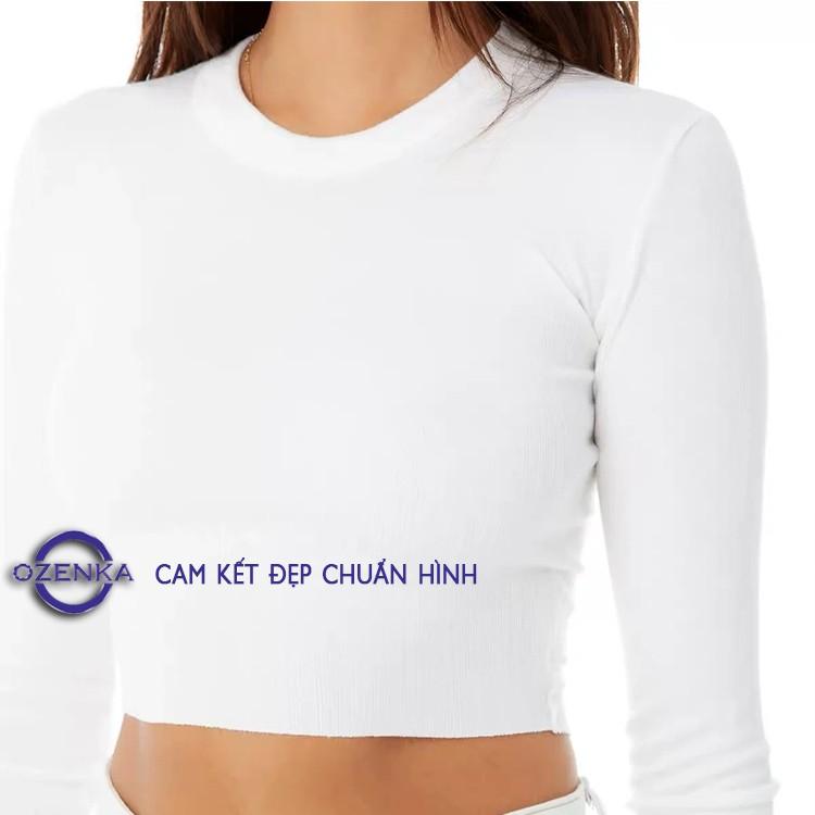 Áo croptop tay dài ôm nữ đen trắng thun gân , áo thun crt body 100% cotton free size 40 đến 53 kg CRT 263