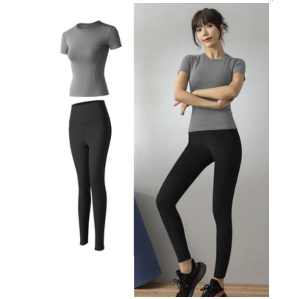 Bộ Đồ Tập GYM YOGA Nữ 2 Món áo thun và quần dài co giãn thoáng mát, mặc tôn dáng - XL - Áo xám, quần đen