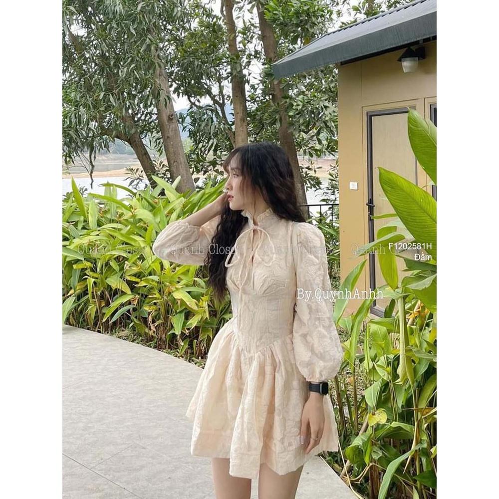 Đầm xòe ren nổi cổ thắt nơ cực xinh!