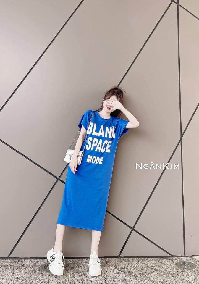 Váy suông - đầm suông nữ cộc tay in chữ blank phom rộng dáng dài
