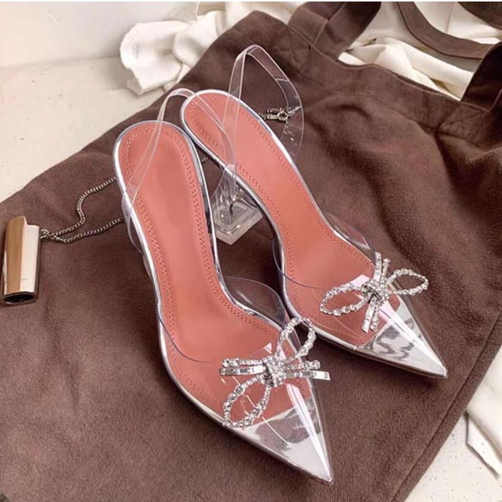 Giày Cao Gót Sandal Quai Trong NƠ Đá Gót 9p Siêu Đẹp KÈm Cặp Miếng Lót Mũi Giày