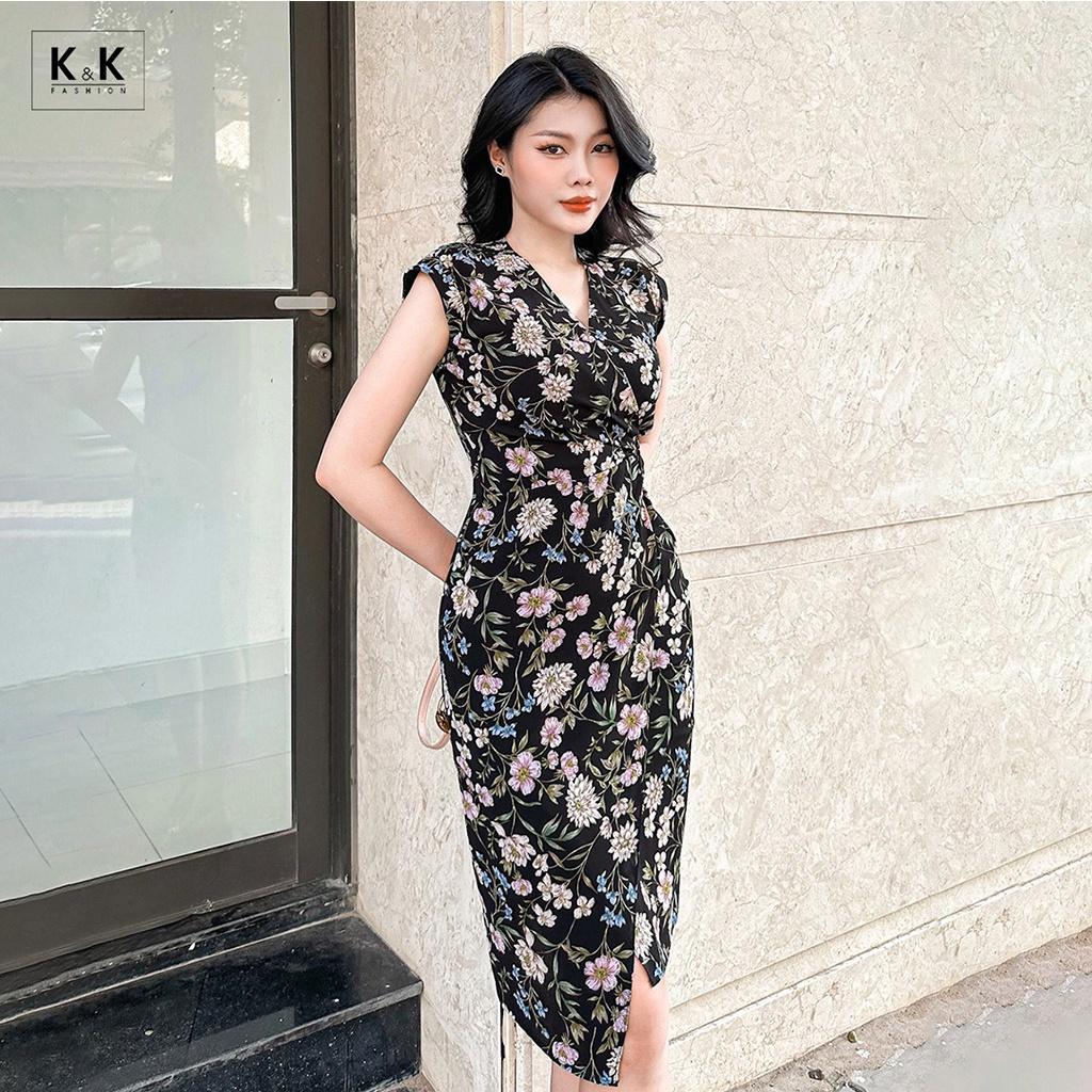 Đầm Quấn Wrap Dress Họa Tiết Hoa Cổ Tim K&K Fashion KK120-02 Chất Liệu Xốp Thái