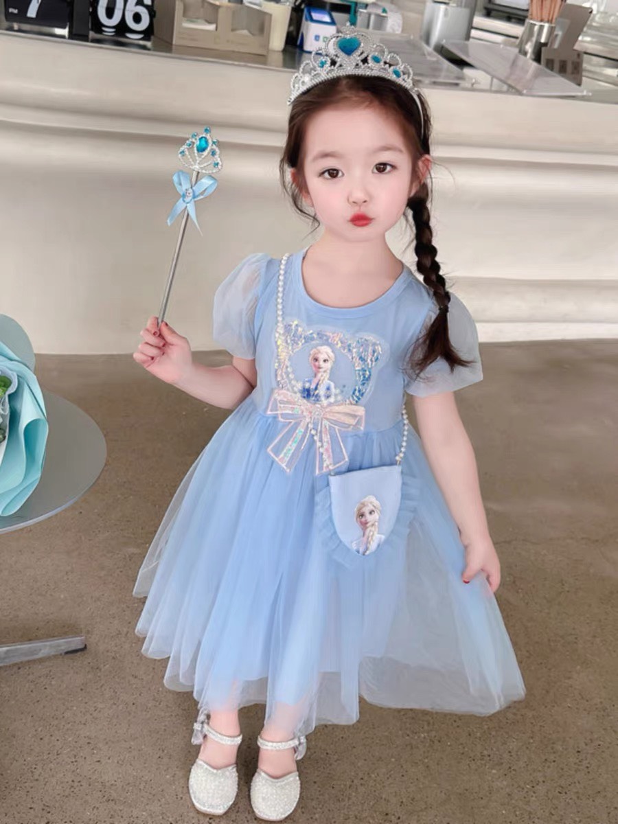 Váy công chúa bé gái cộc tay tặng túi, Đầm dự tiệc cho bé 1-6 tuổi hình Elsa kuromi lấp lánh vải ren điệu đà đáng yêu