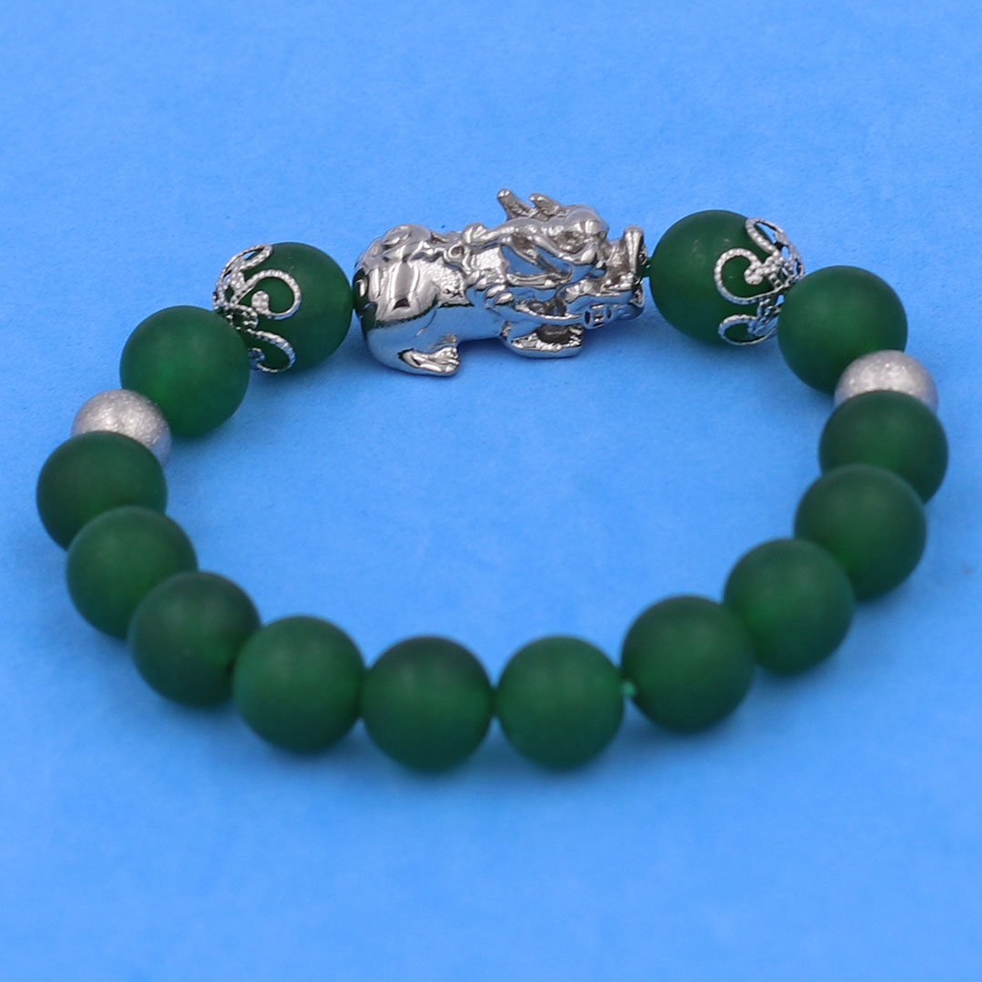 Vòng chuỗi đeo tay đá thạch anh xanh lá mờ 10 ly charm tỳ hưu inox, bi inox, khía bông inox, vòng tay phong thuỷ, vòng tay tỳ hưu
