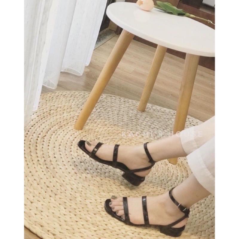 Giày sandal 2 quai ngang gót bệt da bóng dễ thương