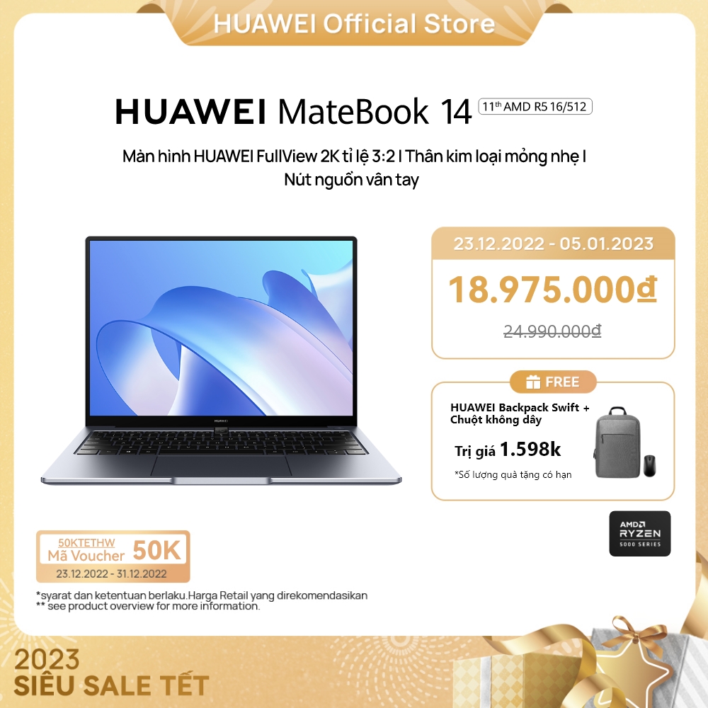 Laptop HUAWEI MateBook 14 | RAM 16GB/ROM 512GB | Chip AMD Ryzen 5000 | Màn Hình HUAWEI 3:2 Fullview 2K | Nút Nguồn Vân Tay | Hàng Chính Hãng