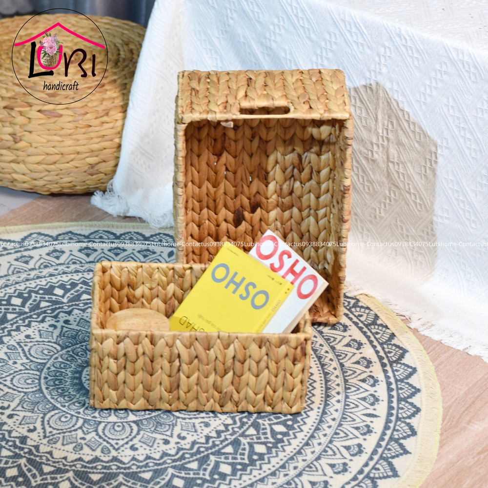 Lubihandicraft - Khay đựng đồ lục bình hình chữ nhật đan xương cá dọc - mộc mạc