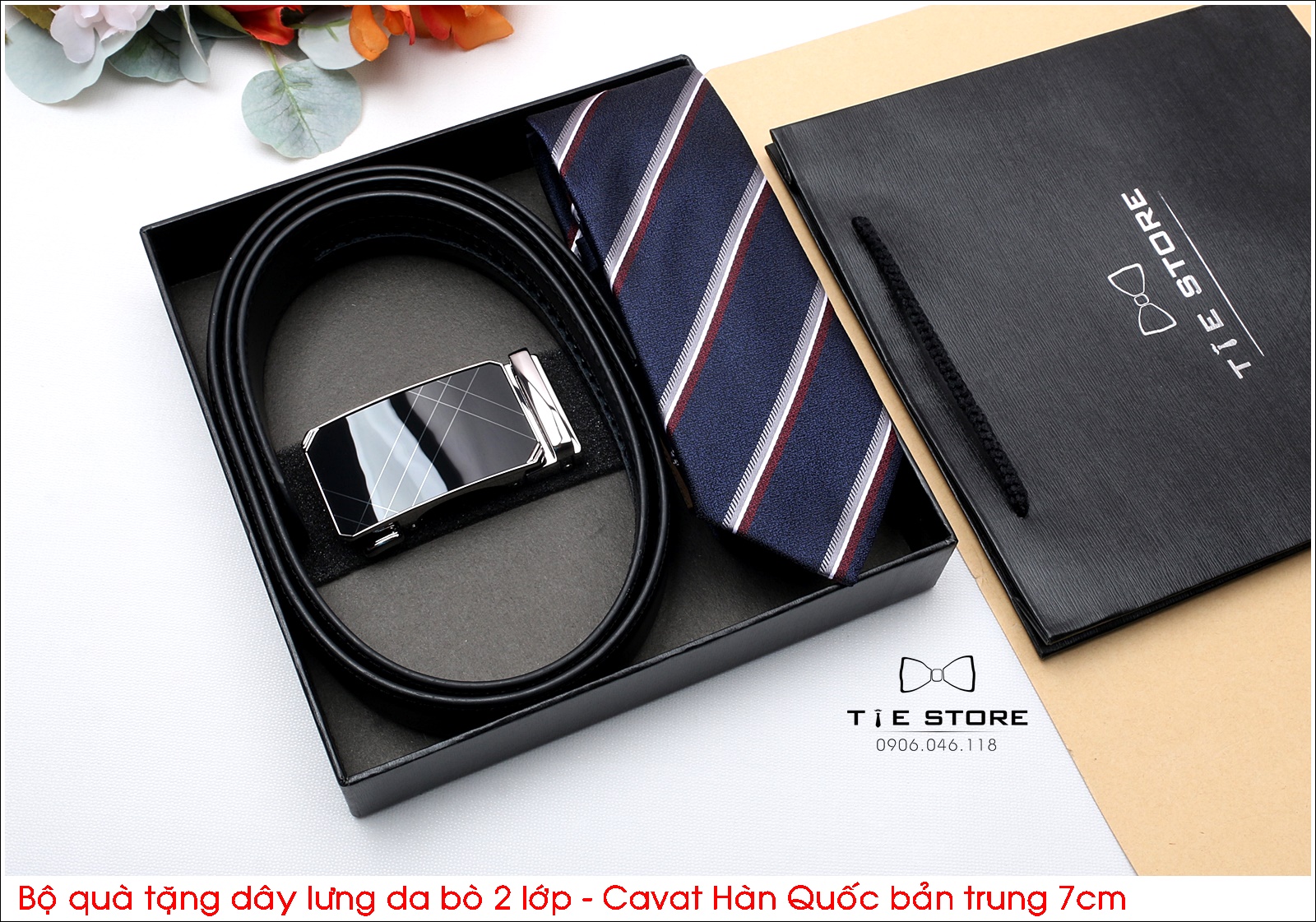 Bộ quà tặng thầy, tặng người thân, tặng sếp, Dây lưng da bò 2 lớp - Cavat hàn quốc bản trung 7cm - Full box MS2
