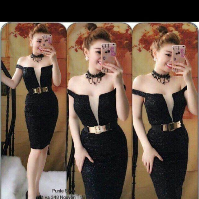Đầm body bẹt vai xẻ ngực