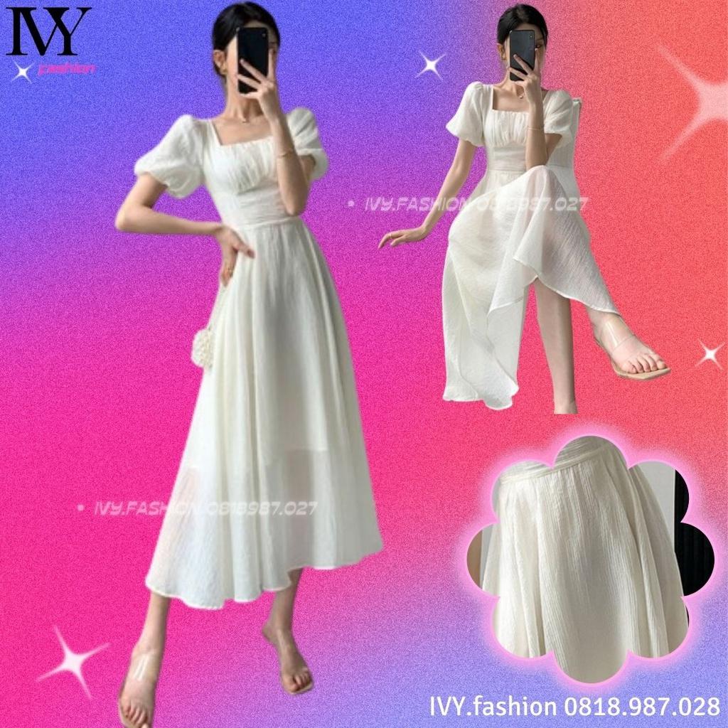 Đầm midi cổ vuông trắng tay phồng ngắn lụa phối voan đi biển dự tiệc cao cấp size S M L bigsize chiết eo tôn dáng xếp
