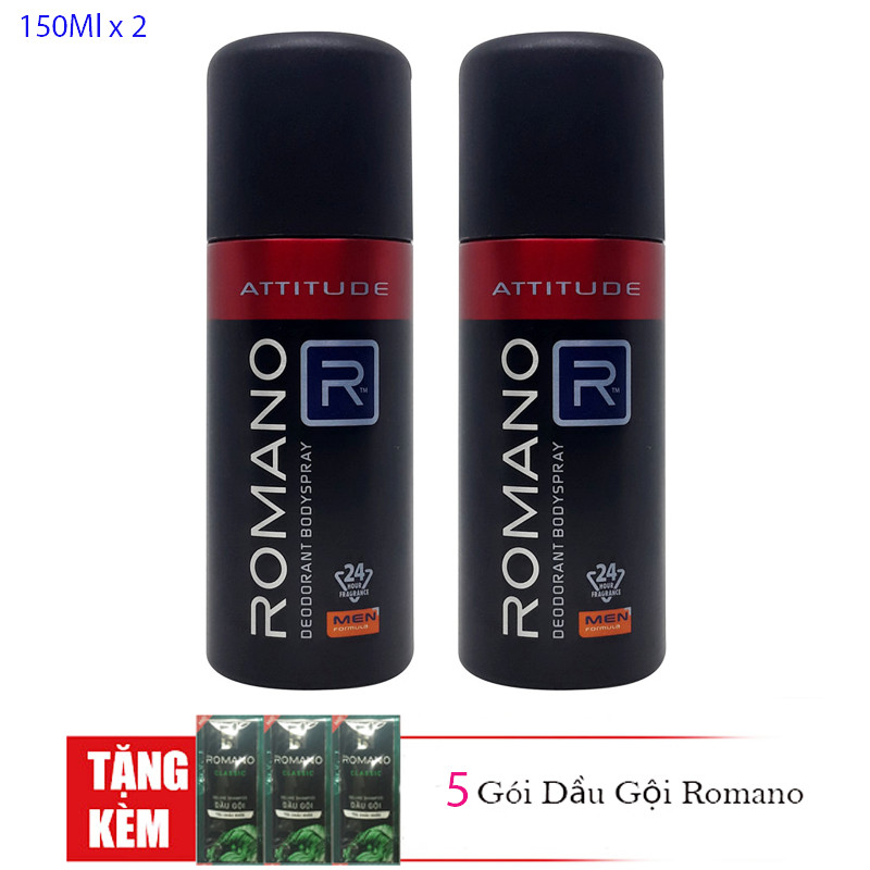 Combo 2 chai xịt khử mùi toàn thân cho Nam Romano Attitude + 5 gói dầu gội Romano