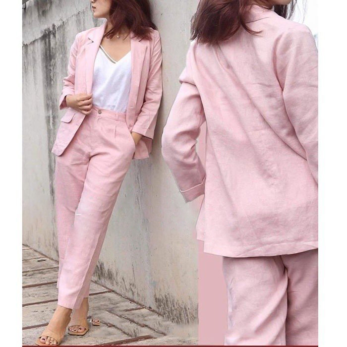 Áo khoác blazer nữ 1 lớp vải linen Hàn, cổ ve vuông, túi bổ nắp, 2 cúc (Hồng Phấn) Haint Boutique BZ08