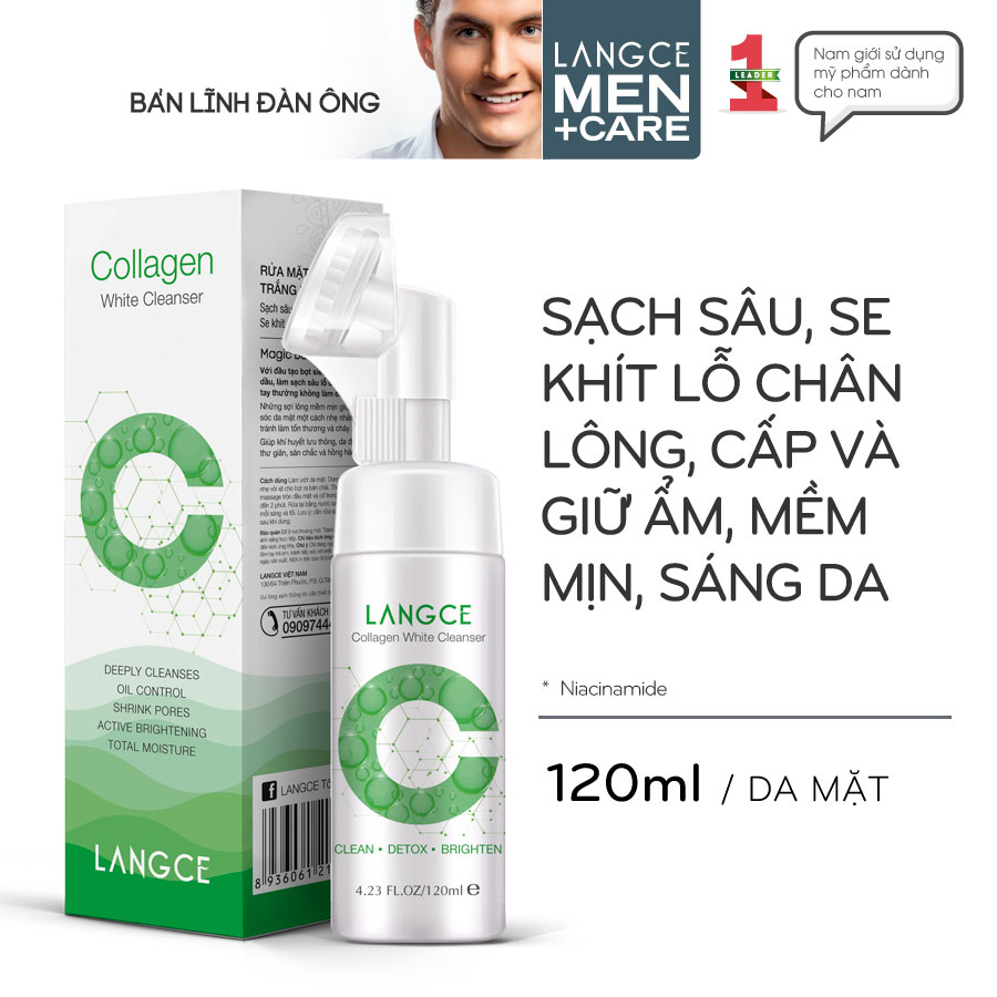 Cọ Massage Rửa Mặt Sáng Da Collagen+ Thải Độc Tố Kiềm Dầu 120ml cho Nam TẶNG Gel Vệ Sinh Vùng Kín Nam 100ml LANGCE