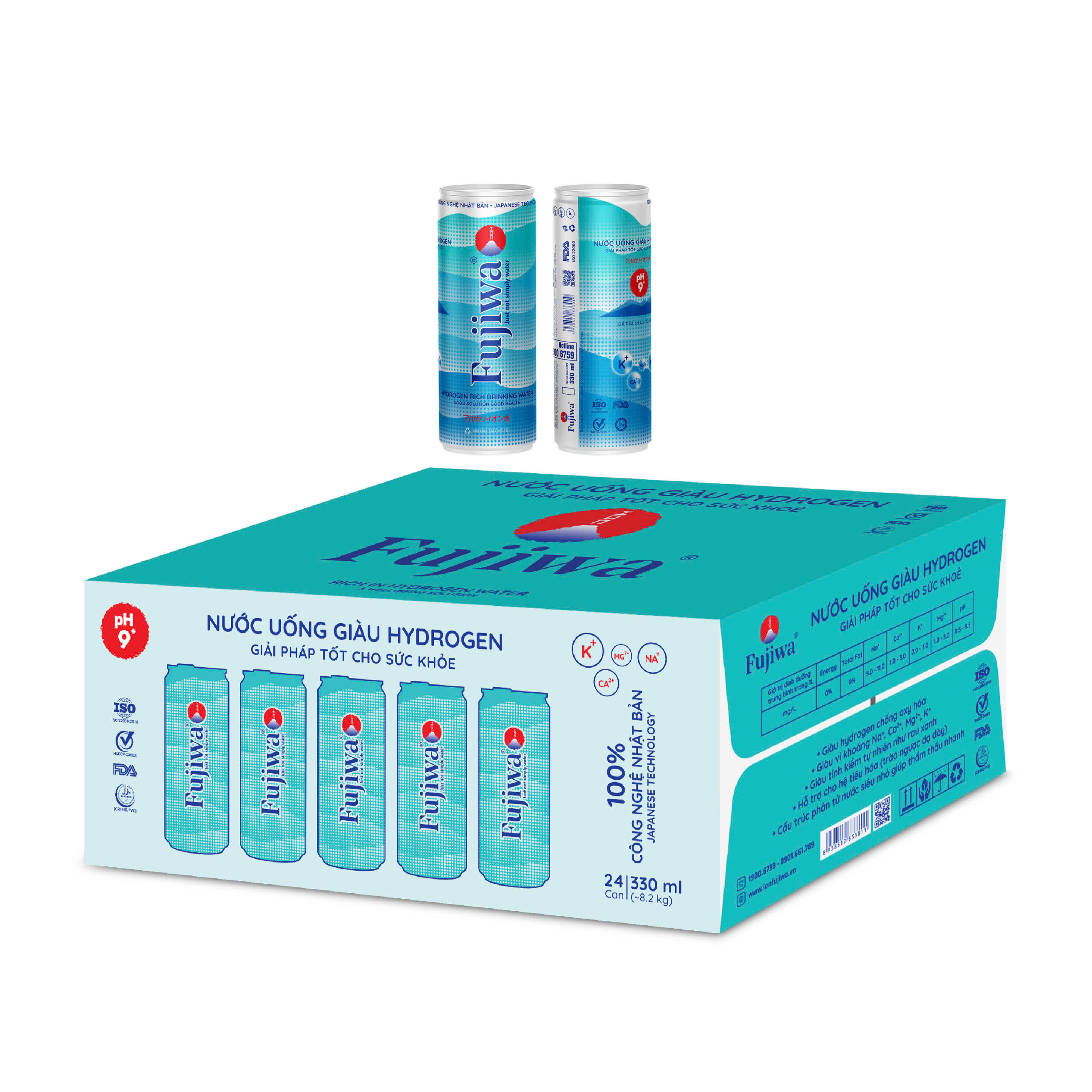 Nước Uống ION Kiềm Giàu Hydrogen Cao Cấp Fujiwa thùng 24 lon 330ml - Detox mạnh mẽ, Hỗ trợ tiêu hoá